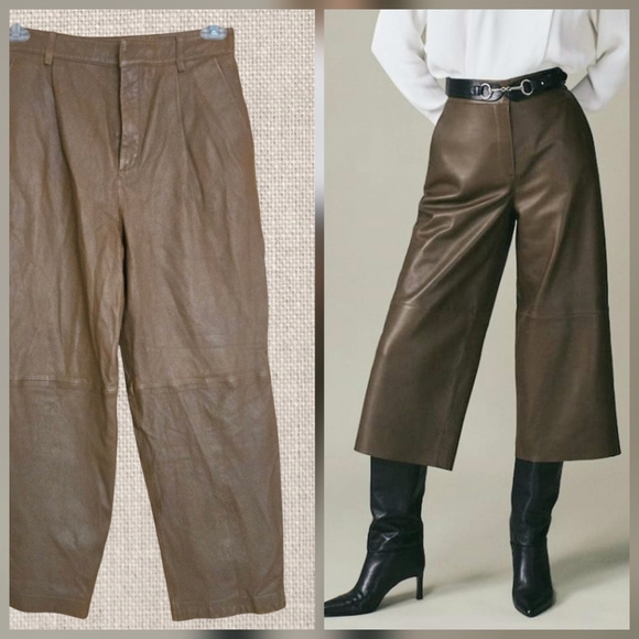 Gestuz Lambskin Leather Culotte Pants Caramel Brown Denmark Straight Leg /S - Picture 2 of 10